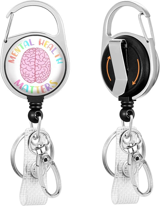 Gctriki Mental Health Matters Badge Reel Retractable Heavy Duty with 360° Swivel Carabiner Belt Clip, Cute Cartoon Brain Nurse Doctor Retractable Keychain ID Clip ID Holder Name Badge Clip