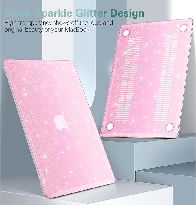 KEROM Pink Glitter Case for MacBook Air 13 inch 2022-2018 M1 A2337 A2179 A1932, MacBook Air M1 Case - Girly Shiny Bling Sparkle Glitter Plastic Hard Shell Case & Keyboard Cover for MacBook Air 13.3''