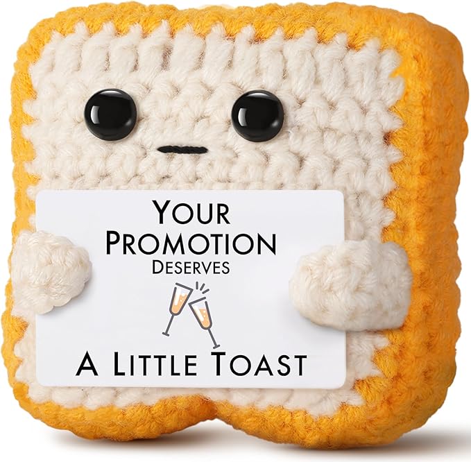 Crochet Toast Promotion Gifts – Handmade Congratulations Plush - Funny Career Change New Title Gift for Coworker, Friend, Son, Daughter, Boss, Manager, Employee – Small Office Decor for Desk