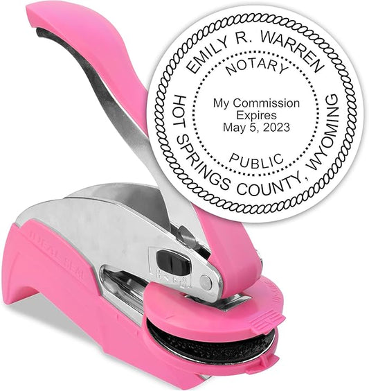MaxMark Notary Seal Round Pink Embosser for Wyoming State - Includes Gold Burst Seal Labels (50 Count)
