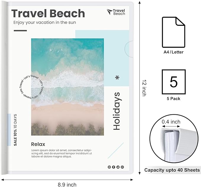 JOERSH 5Pcs Clear Report Covers with Sliding Bar, 40 Sheet Capacity Plastic Binder Paper Protector, Report Folders with Clear Cover for Resume File Documents, 5 Colors