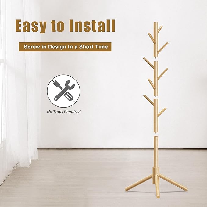 Wooden Coat Rack, Free Standing Coat Rack with 8 Hooks 3 Adjustable Heights for Clothes, Hats, Handbags, Coat Tree Easy Assembly for Entryway, Bedroom, Hallway, Office(2PCS)