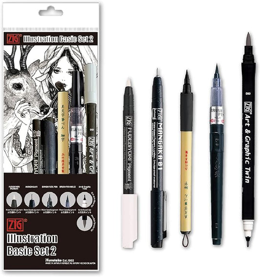 Kuretake Zig Inktober pen set, for Illustration, Manga Drawing, Lettering and Calligraphy, Professional Artist, Made in Japan (Basic No.2(5pcs.))