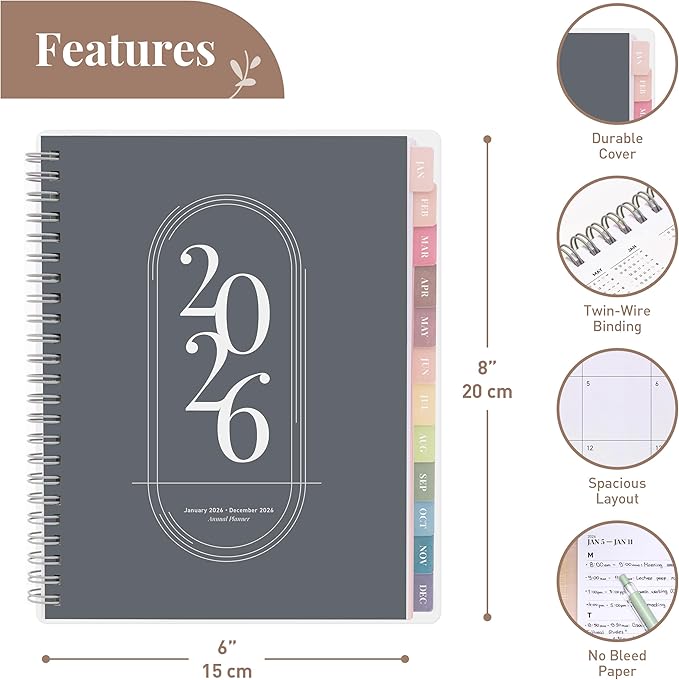 Rileys 2026 Planner, Agenda Planner With Weekly And Monthly View, Daily Agenda Book And Yearly Planners Calendar Book, Spiral Bound With Tabs, Notes, Goals And Holidays (Black, 8 x 6 in)