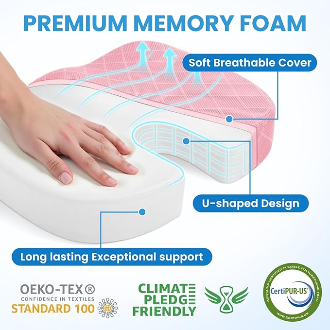 TushGuard Office/Car Seat Cushion, Non-Slip Sciatica & Back Coccyx Tailbone Pain Relief Chair Pad, Memory Foam Butt Pillow for Computer Desk, Wheelchair, Driving (Pink, X-Large)