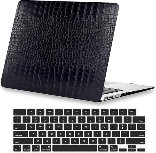 KEROM Compatible with Crocodile MacBook Air 15 inch Case 2025 2024 2023 M4 M3 M2 A3241 A3114 A2941, Crocodile Skin Alligator Skin PU Leather Hardshell & Keyboard Cover for Mac Air 15 inch Case, Black