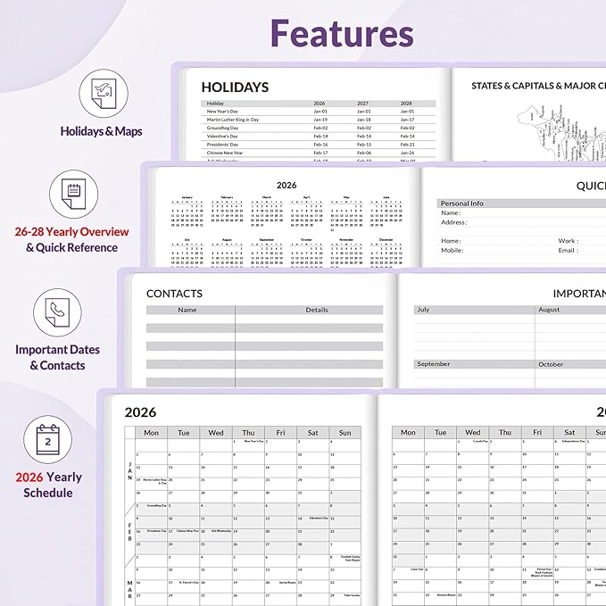 SUNEE 2026 Weekly & Monthly Hardcover Planner 5.5" x 8.3" - 12 Month (January 2026 - December 2026), Small Hardcover Planner, Pocket, Notes, 100 GSM Paper, Purple