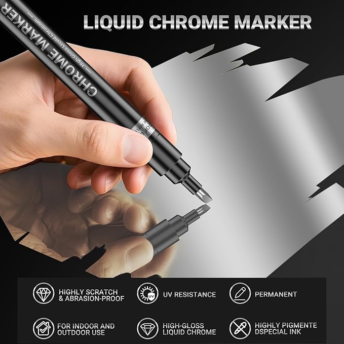 3Pcs Silver Liquid Mirror Chrome Markers, Permanent Reflective Metallic Chrome Paint Pen, High Gloss Car DIY Model Painting, Touch Up Repair Kit for Plastic Metal Glass Resins