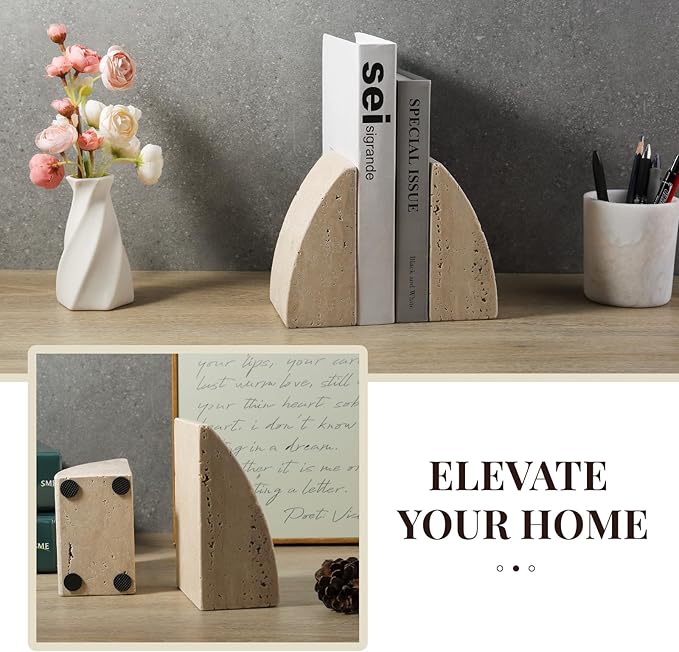 Koville Travertine Bookends for Shelves, Large Stone Bookends for Heavy Books, Non-Slip Heavy Duty Book Stopper for CD/Movies, Aesthetic Decorative Book Ends for Bookshelf Table Home Decor(Beige)
