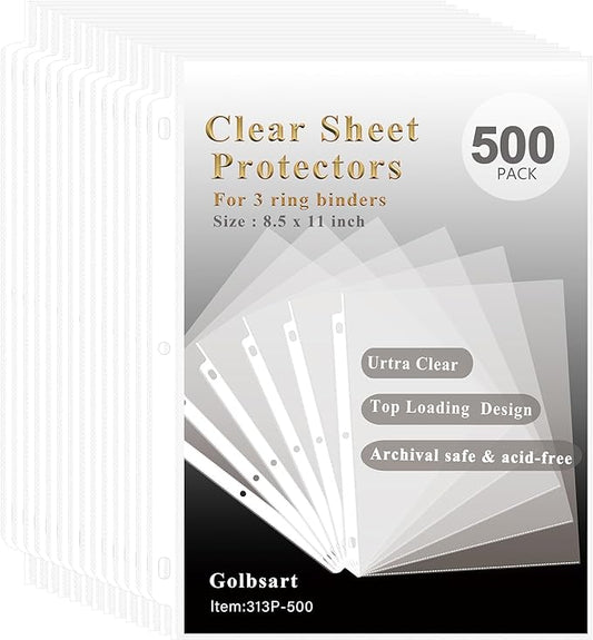 Clear Sheet Protectors for 3 Ring Binder, 500 Pack Plastic Sleeves for Paper 8.5x11, Acid Free Page Protectors Sleeves, Top Loading Document Protector Sheets for School Office Home.