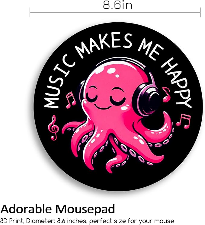 Music Octopus Mouse Pad, Small Round Black Mouse Pads for Desk, Mini Travel Mousepad for Work Wireless Computer Laptop, Office Desk Accessories, Music Makes Me Happy, 8.6 x 8.6 inch