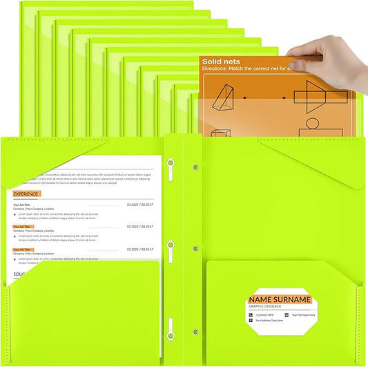 Henoyso 18 Pcs Plastic Folder with Clear Front Pocket and 3 Prong Plastic Folders with Card Slot Pocket Folders with Prongs for School Office (Fluorescent Green)