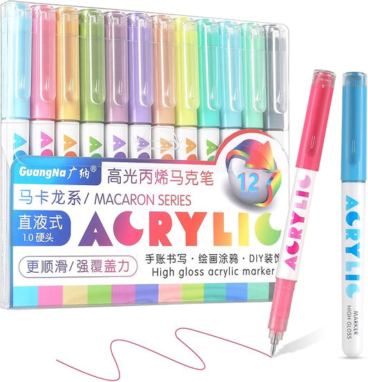 kander Direct High Gloss Acrylic Marker, 12 Colors Acrylic Paint Pens with Bullet Tip, Nicety Fine Tip Gel Pens for Teenagers, Multi-Purpose Art Supplies for Rock Painting, Crafts, DIY