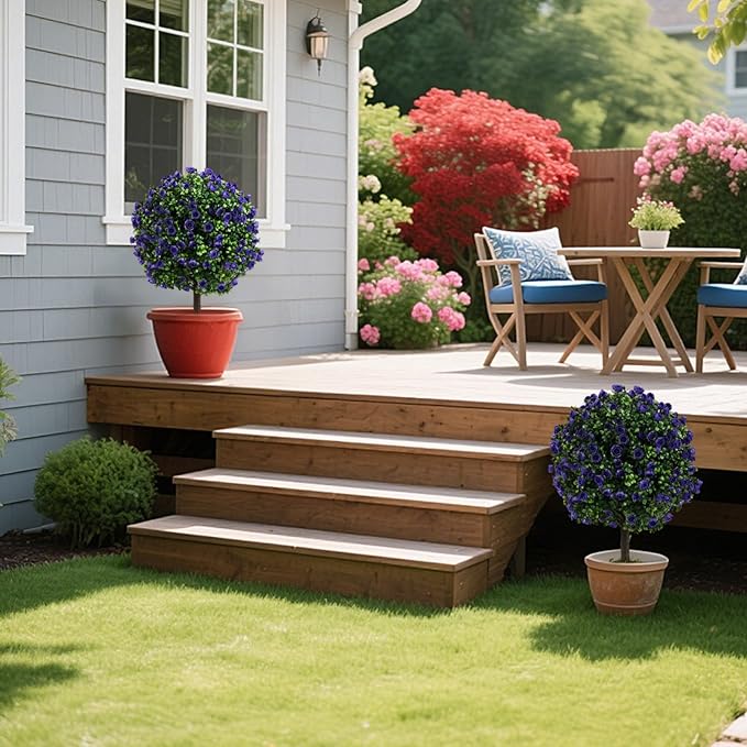 Goplus 22'' Artificial Purple Rose Topiary Ball Tree, Set of 2 Faux Potted Plants Artificial Shrubs Bushes with Flowers, Fake Evergreen Boxwood Topiary for Indoor Outdoor Home Front Porch Decor