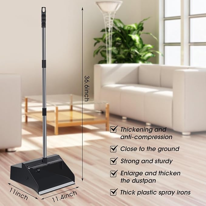 Leumoi 4 Pcs Dust Pans with Long Handle Set 36.6 Inch Commercial Dust Pan with Comb Large Plastic Stand up DustPans for Outdoor Indoor Restaurant Home Office Floor Cleaning (Black)