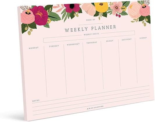 Bliss Collections Weekly Planning Pad, To Do List Notebook - Undated Tear-Off Sheets Notepad - Work Calendar, Organizer, Scheduler for Goals, Tasks - Floral (Pink), 8.5" x 11", 50 Sheets