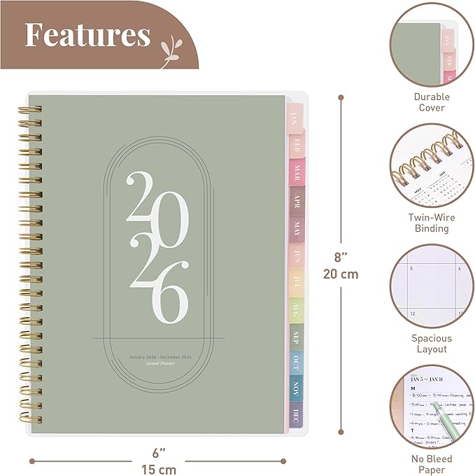 Rileys 2026 Planner, Agenda Planner With Weekly And Monthly View, Daily Agenda Book And Yearly Planners Calendar Book, Spiral Bound With Tabs, Notes, Goals And Holidays (Green, 8 x 6 in)