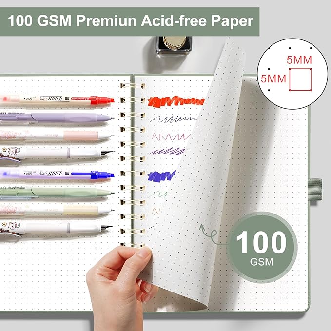 EMSHOI Bullet Dotted Journal - Dot Grid Spiral Notebook 8.5" x 11", A4 Large Dotted Notebook, 100 GSM Thick Paper, PU Leather Hardcover Journals for Bullet Journaling, Sketching, Light Green