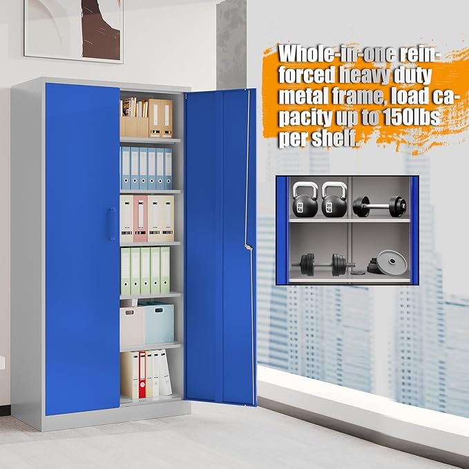 STANI Metal Garage Storage Cabinet with Lock, 71" Steel Lockable File Cabinet, Locking Steel Storage Cabinet with 5 Adjustable Shelves for Home, Office, Garage, Warehouse (Blue Grey, 2 Door - 71" H)