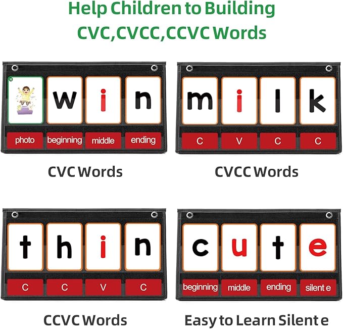 CVC Word Builder Desktop Pocket Chart with 107 Cards, Kids Word Builder Games for CVC CVCC CCVC Learning Reading Spelling Early Education Tool for Preschool Kindergarten Classroom.