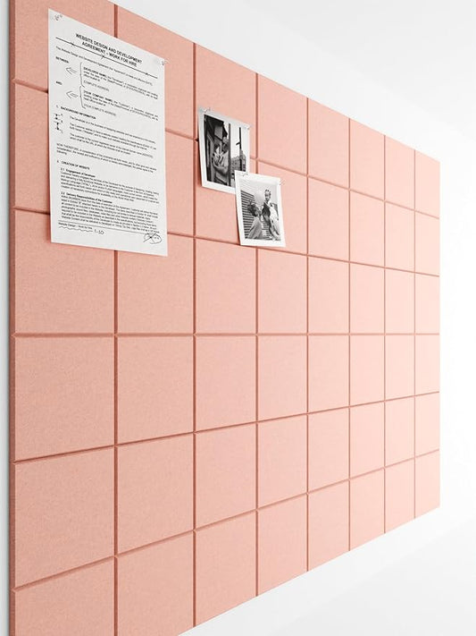 Bumusty Large Cork Board Alternative-47 x35 Felt Bulletin Board Tiles, with 30 Pushpins, 70 Adhesive Tabs, 12-Pack Slat Wall Paneling, Cork Boards for Office Push Pin Board Felt Board-Pink
