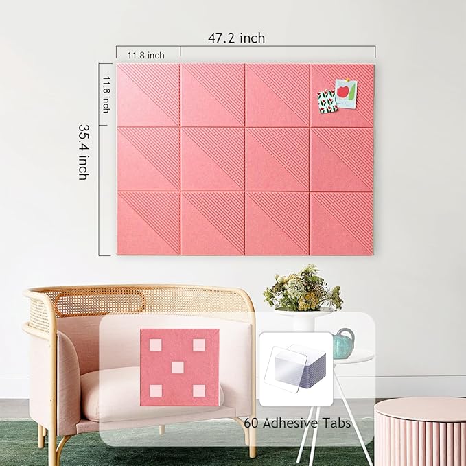 Large Cork Board for Walls 48"x 36", 12 Pack Felt Wall Tiles with Safe Removable Adhesive Tabs, Cork Board for Office,Pinboard Bulletin Board - Pink