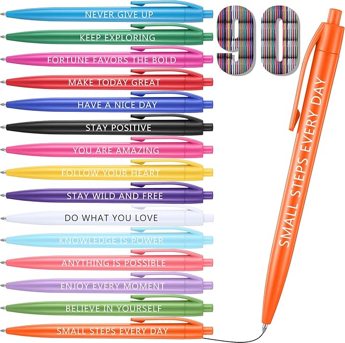 90 Pcs Ballpoint Motivational Pen Inspirational Quotes Black Ballpoint Gel Ink Pens Bulk for Coworkers Retractable Rolling Ball Ballpoint Pens for Party Favors Back to School Gifts Supplie