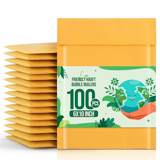 Fuxury Bubble Mailer 6x10" 100 Pack Kraft Padded Envelopes Usable Size 6x9" Kraft Bubble Envelopes for CDs, Video Games, Book Thick Padded Mailers #0 Small Yellow