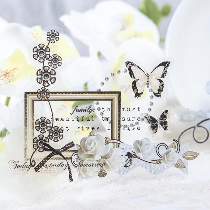 60Pcs Lace PET Stickers, Floral Designs for Scrapbooking DIY Crafts Journaling Supplies Junk Journal Ephemera with Storage Organizer