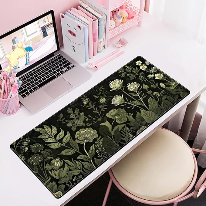 Sage Green Floral Black Plant Desk Pad Retro Aesthetics Mouse Pad Large Gaming Mouse Mat for Office Computer Keyboard Laptop Home with Stitched Edges,Non-Slip Base 31.5 X 11.8 in