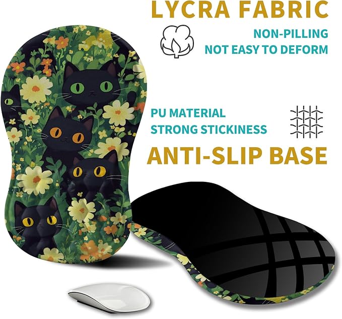 Hokafenle Ergonomic Mouse Pad Wrist Support, Wrist Rest Mousepad for Carpal Tunnel Pain Relief with Integrated Memory Foam Slope Massage Bulge (11.8x7.9 inch,Cute Cat