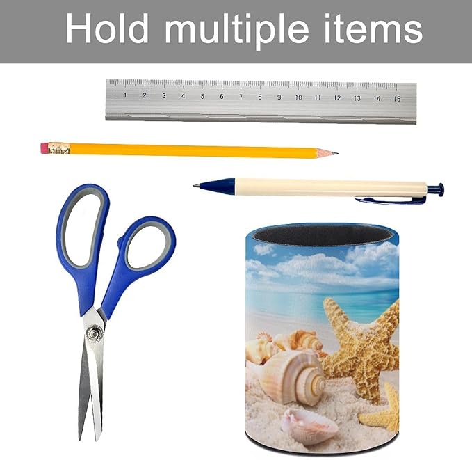 Beach Starfish Seashell Pen Holder Pencil Organizer Cute Pencil Cup Desk Decor Makeup Brush Holder PU Multifunctional Office Suppliesfor Home Classroom School