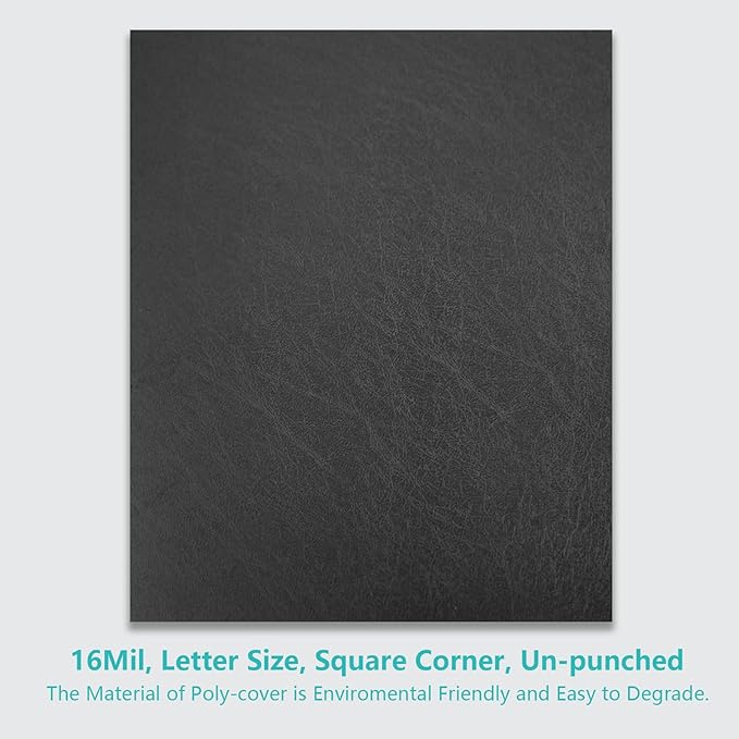Binditek 50 Pack 16 Mil Leather-Textured Heavyduty Polycovers, Plastic Binding Presentation Covers, Letter Size, 8-1/2 x 11, Unpunched, Square Corners, Black