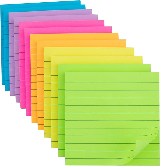(12 Pads) Lined Sticky Notes 4x4 in, 6 Bright Colors Self-Stick Note Pads, Strong Adhesive, 47 Sheets/Pad