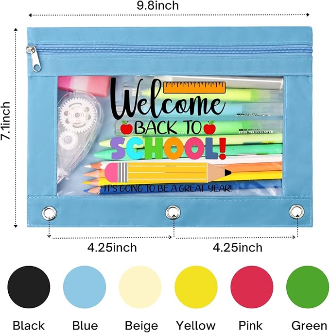 Back To School Bus Zippered Pencil Pouch for 3 Ring Binder, Cute Pen Pencil Bags Case With Clear Window Blue 2 Pack