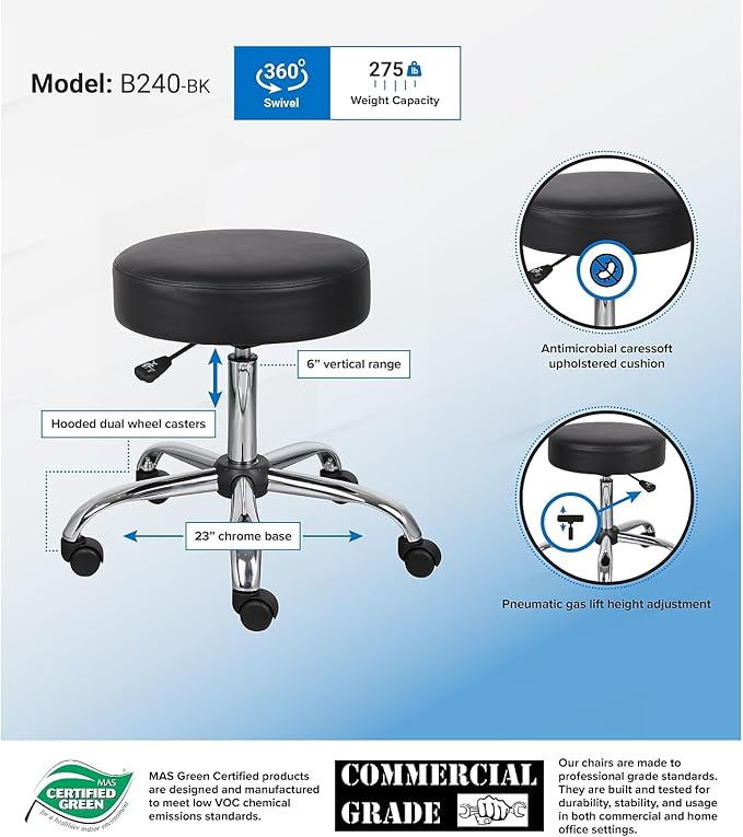 Boss Office Products Be Well Medical Spa Stool in Black (B240-BK)