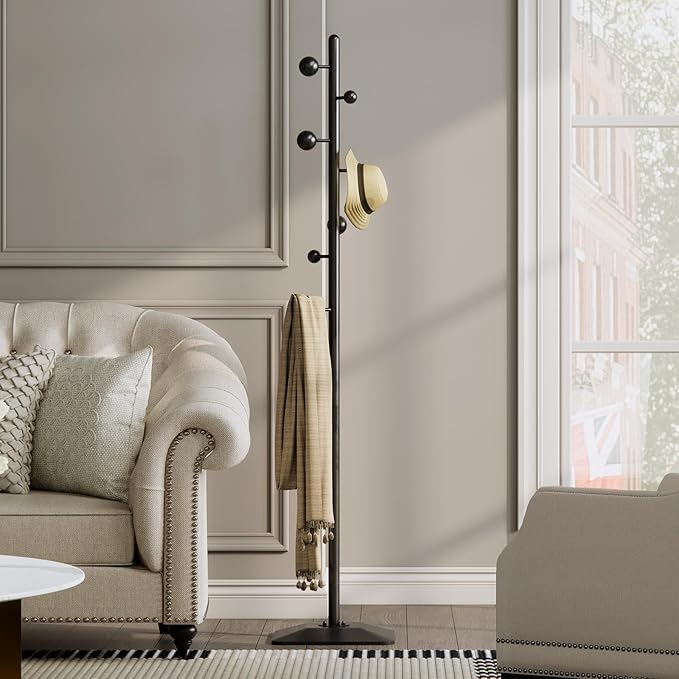 Metal coat rack stand with geometric shape metal base,Heavy duty coat rack freestanding with 7 ball hooks,Coat racks tree hats hanger holder stand for entryway, hallway, bedroom