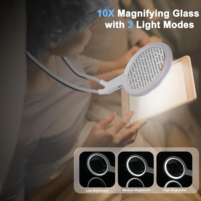 10X Magnifying Glass with Light, Flexible Gooseneck Magnifier with 36 LED, 3 Light Modes, 5.2 Inch Lighted Magnifying Glass Hands Free for Seniors Sewing(White)