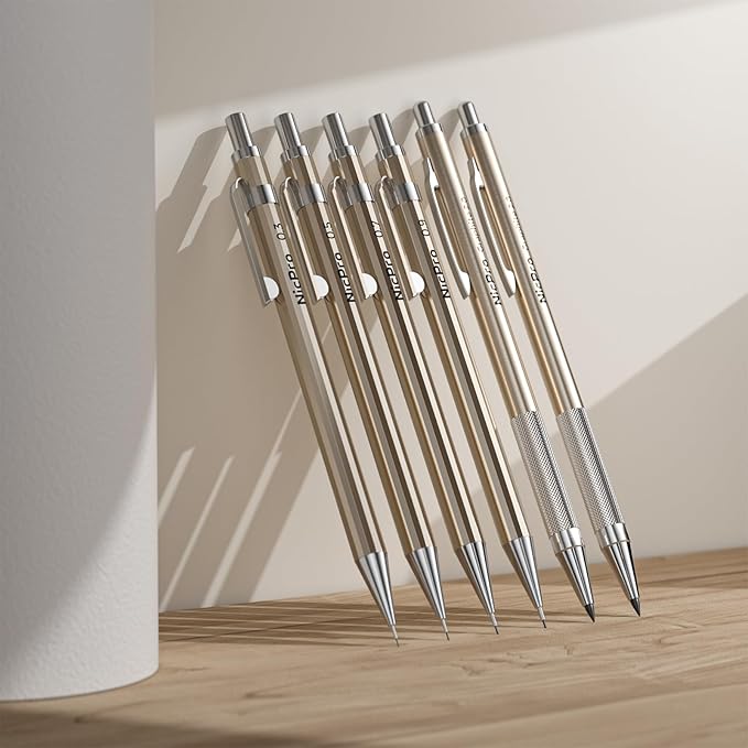 Nicpro 33PCS Metal Mechanical Pencil Set in Leather Case, Art Drafting Pencil 0.3, 0.5, 0.7, 0.9 mm, 2mm Lead Pencil Holders for Sketching Drawing With 18 Tube (6B 4B 2B HB 2H 4H Colors) Lead Refills