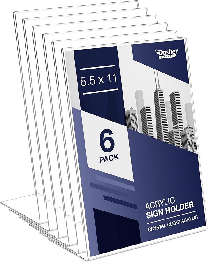 Acrylic Sign Holder 8.5 x 11, Slant Back Display Stand, A-Frame Flyer Display for Office, Menu Holder, and Table Signs. Acrylic Stands for Paper and Sign Frame, Perfect for Tabletop Use (6 Pack)