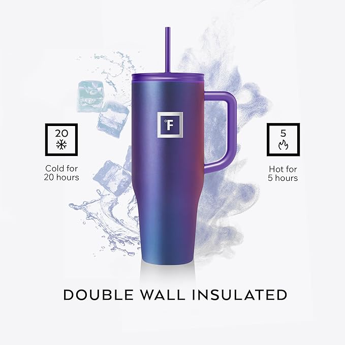 IRON °FLASK Co-Pilot Insulated Mug w/Straw & Flip Cap Lids - Cup Holder Bottle for Hot, Cold Drink - Leak-Proof - Water, Coffee Portable Travel Mug - Sage Grove, 40 Oz