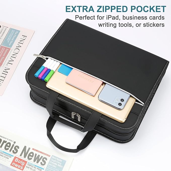 SEEKIND PU Leather Accordion File Organizer with Handle & Strap，12 Pockets Expanding File Folder with Zipper & Labels，Portable Document Organizer File for Letter A4 Files