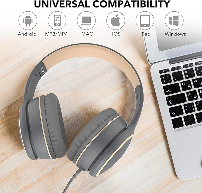 RORSOU R10 Over-Ear Headphones with Microphone, Lightweight Folding Stereo Bass Headset with 1.5M No-Tangle Cord, Portable Wired Headphones for Smartphone Tablet Computer MP3 / 4 (Grey)