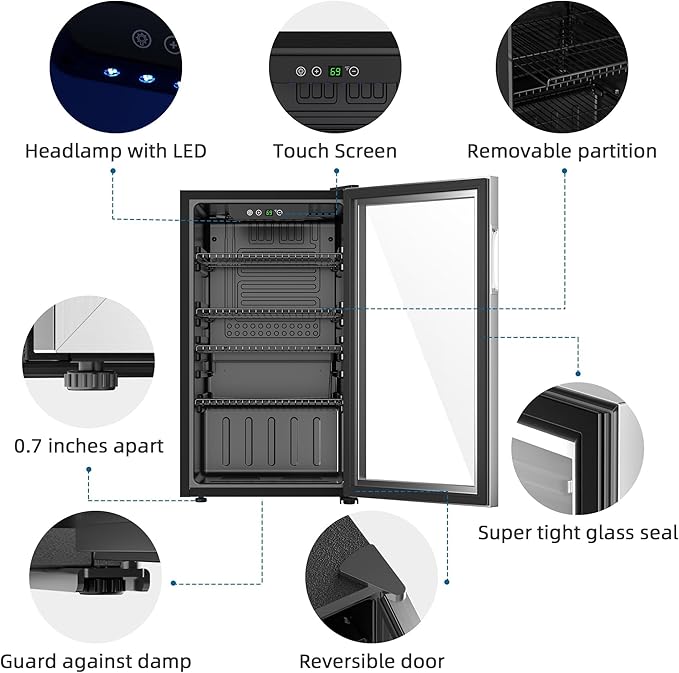 Compact Freestanding Beverage Refrigerator,126 Can/3.2 Cubic FeetMini Fridge with Reversible Glass Front Door for Soda, Beer, or Wine, Under Counter Drink Refrigerator with Adjustable Shelves
