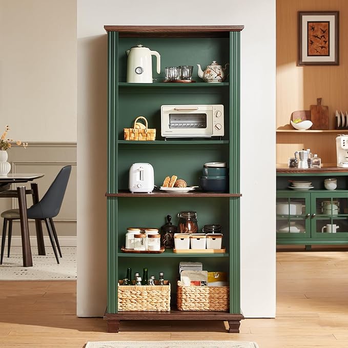 70" Tall Green Bookshelf,5 Tier Wooden Book Shelf with Adjustable Shelves & Wood Legs,Free Standing Farmhouse Bookcase with Open Display Storage,Vintage Bookshelves for Library,Classroom