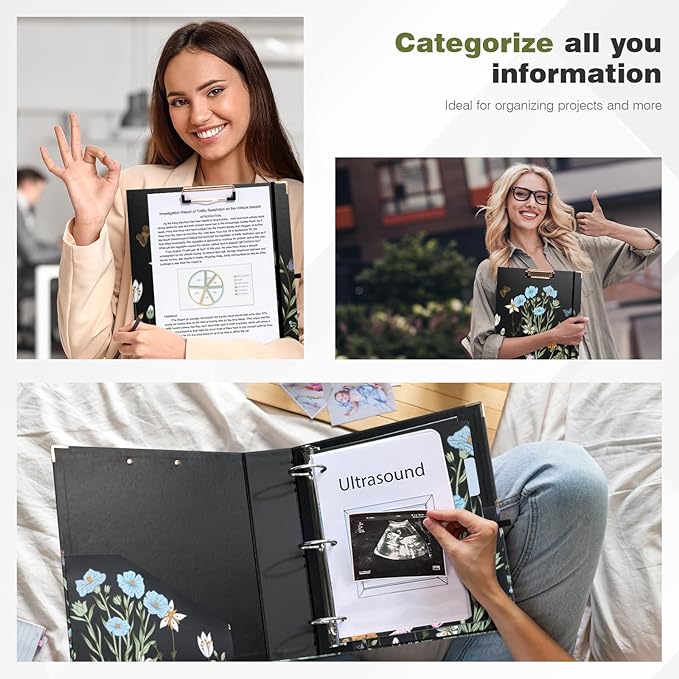 Ospelelf Binder 3 Ring 2 Inch, Floral Round Ring Clipboard Binder with 5 Tab Dividers for Letter Size Documents, File Folder Labels, for School and Office Supplies