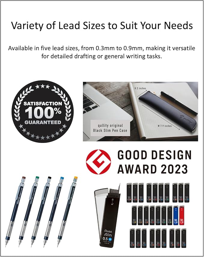 Graphlet Mechanical Drafting Pencil + Ain HB/B/2B leads, original Black slim pen case (0.4mm)