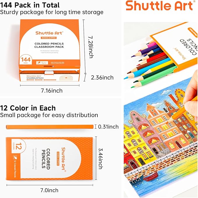 Shuttle Art 144 PCS Colored Pencils Bulk, 12 Assorted Colors, Pack of 12, Break-Resistant, Pre-sharpened Colored Pencils for Kids, Bulk Pack School Supplies for Teachers & Students