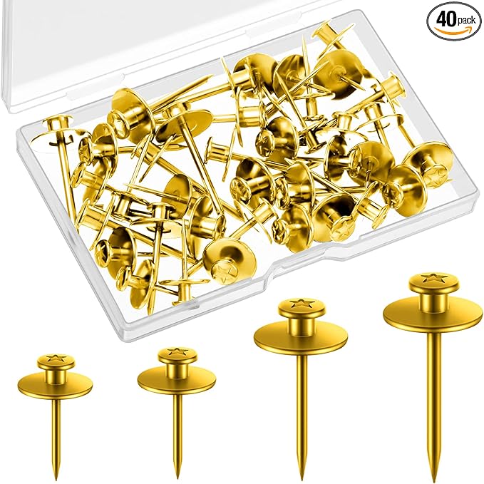 Zhengmy 40 Pcs Double Headed Picture Hangers Nails 4 Size Long Thumb Tacks Wall Nails for Hanging Pictures Decorative Push Pins Hooks for Drywall Photo Office Home Decor, 20/30/ 40/ 50lb(Gold)