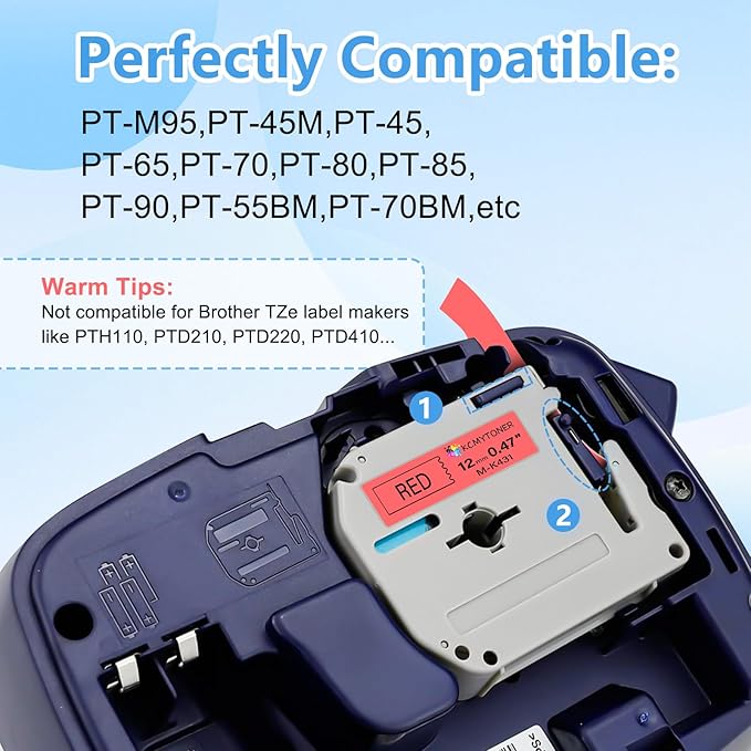 Compatible for Brother P-Touch M Tape M-K431 MK431 M431 MK-431 Black on Red Label Tape 0.47" (12mm) x 26.2ft 2 Pack